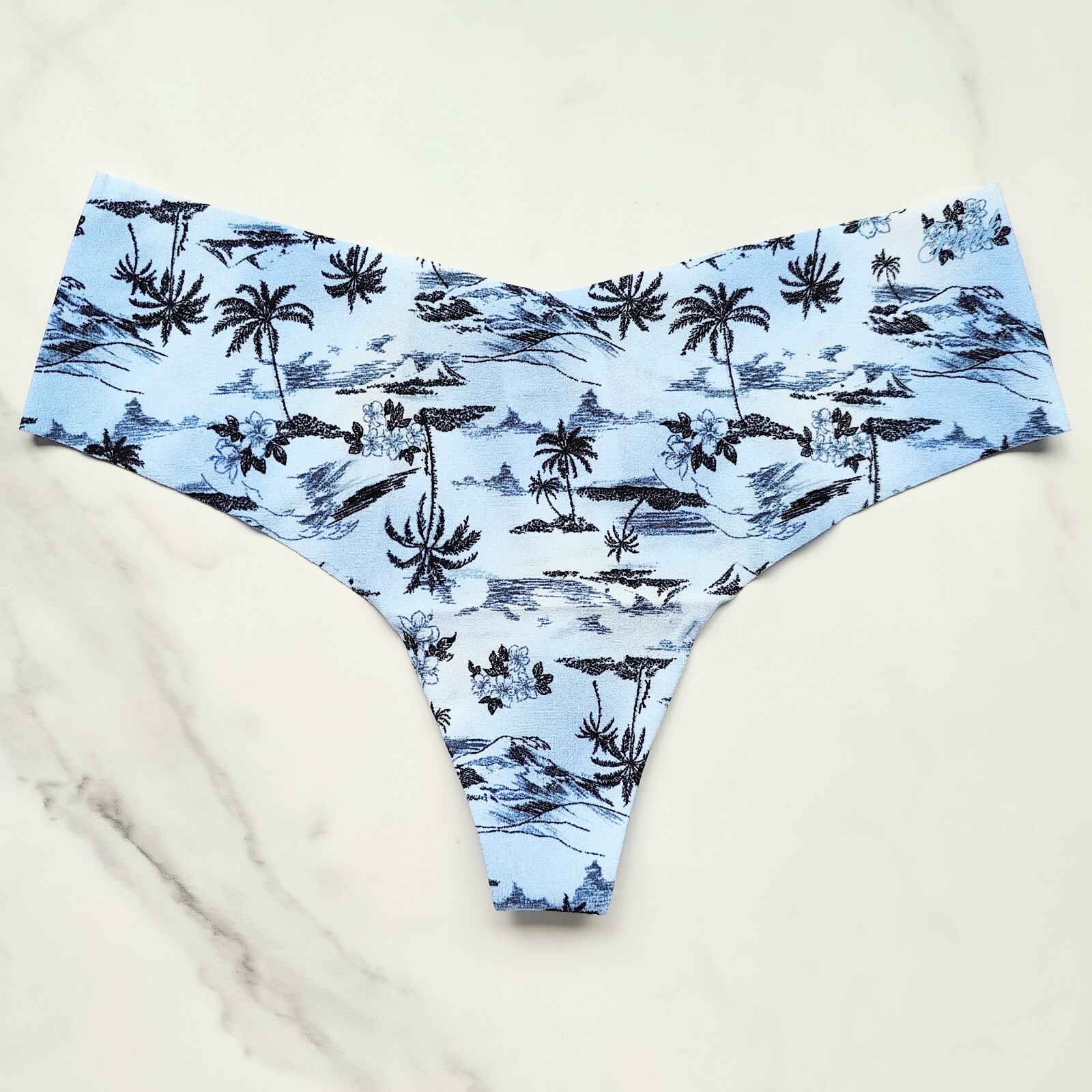 PINK Victoria’s Secret No-Show Smooth Thong Panty Harbor Blue Palm Tree Size S/M