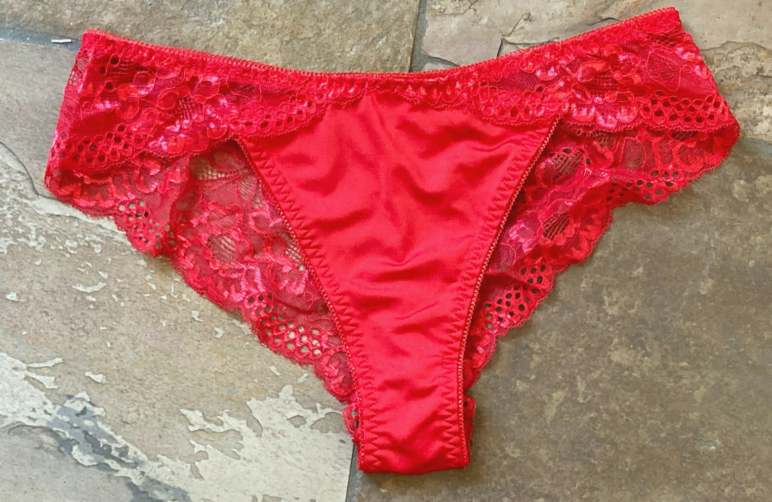 RED Med Shiny SATIN Front Sheer Lace Cheeky Tanga Back Bikini Panties NWOT #50