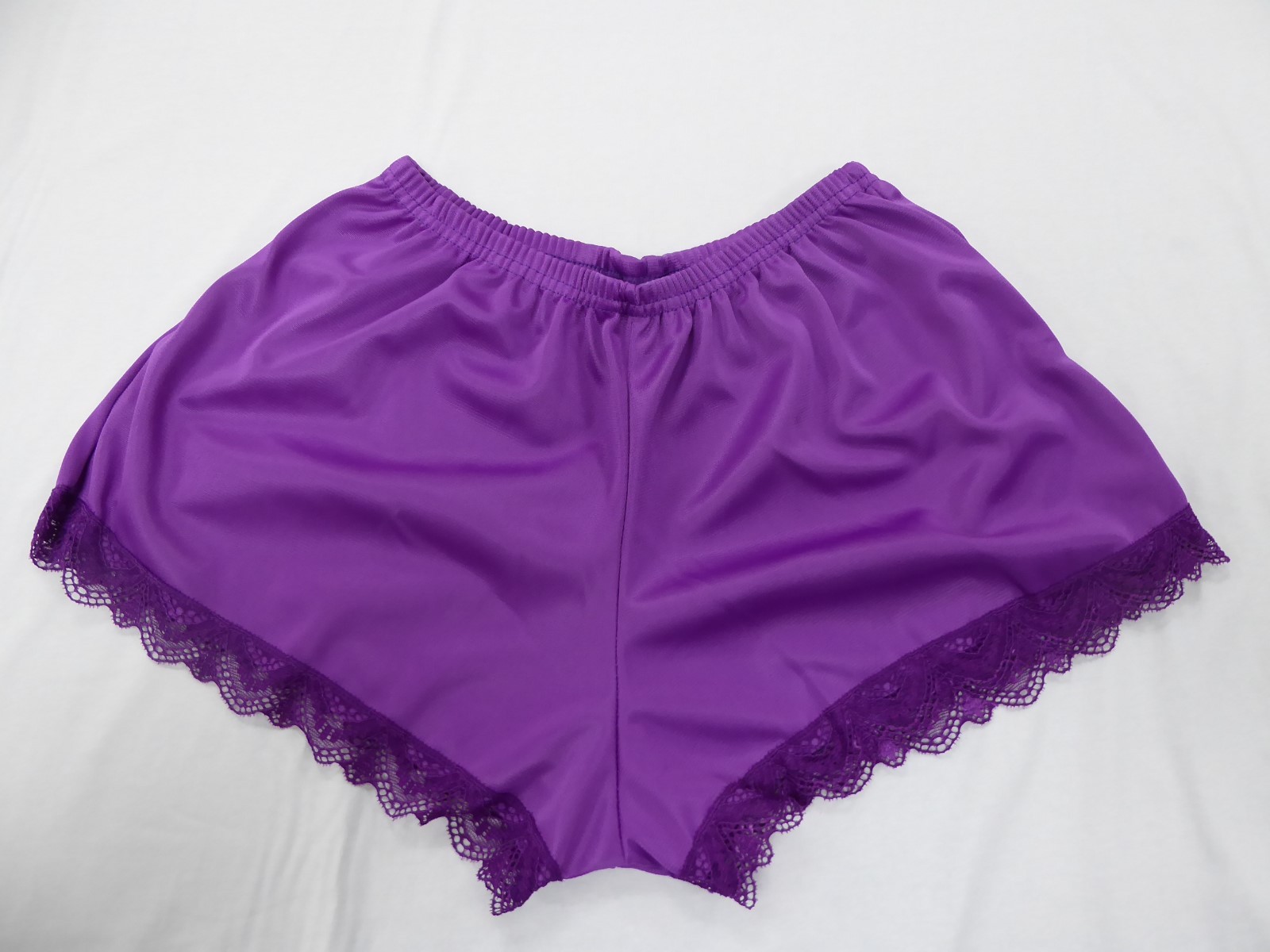 Purple Satin French Knickers 10/12 in Simplex Nylon with Purple Lace