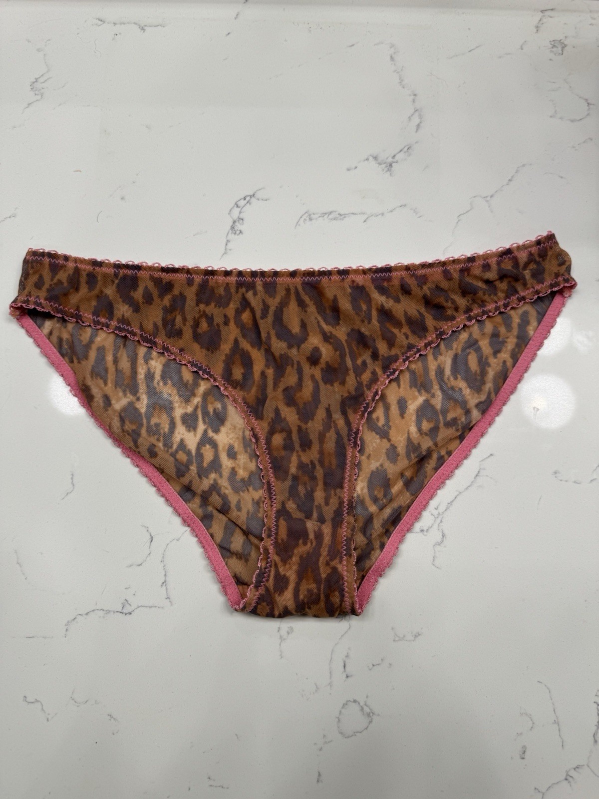 Urban Outfitters Leopard Animal Print Brown Mesh Bikini Panty Pink Trim, Size M