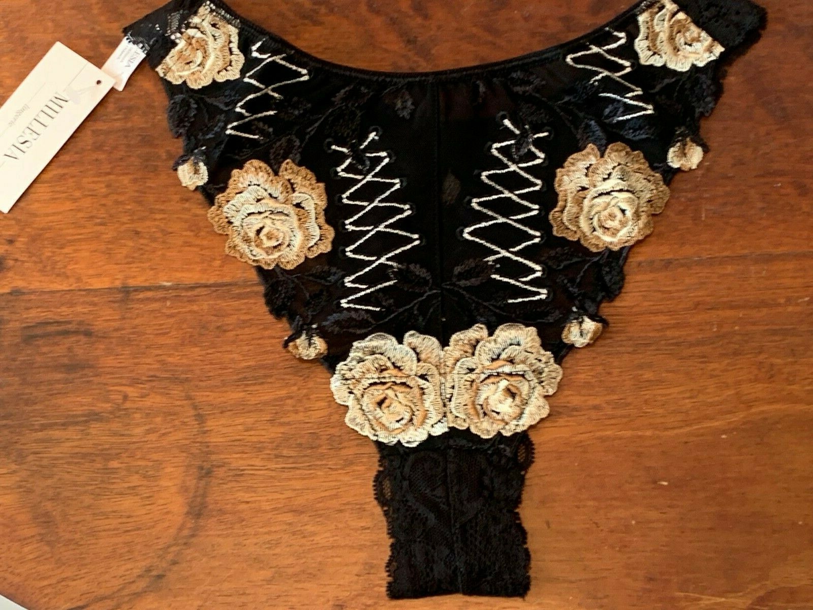 MILLESIA M4689 ~ BLACK / GOLD ROSE FLORAL EMBROIDERED TANGA PANTIES ~ MEDIUM