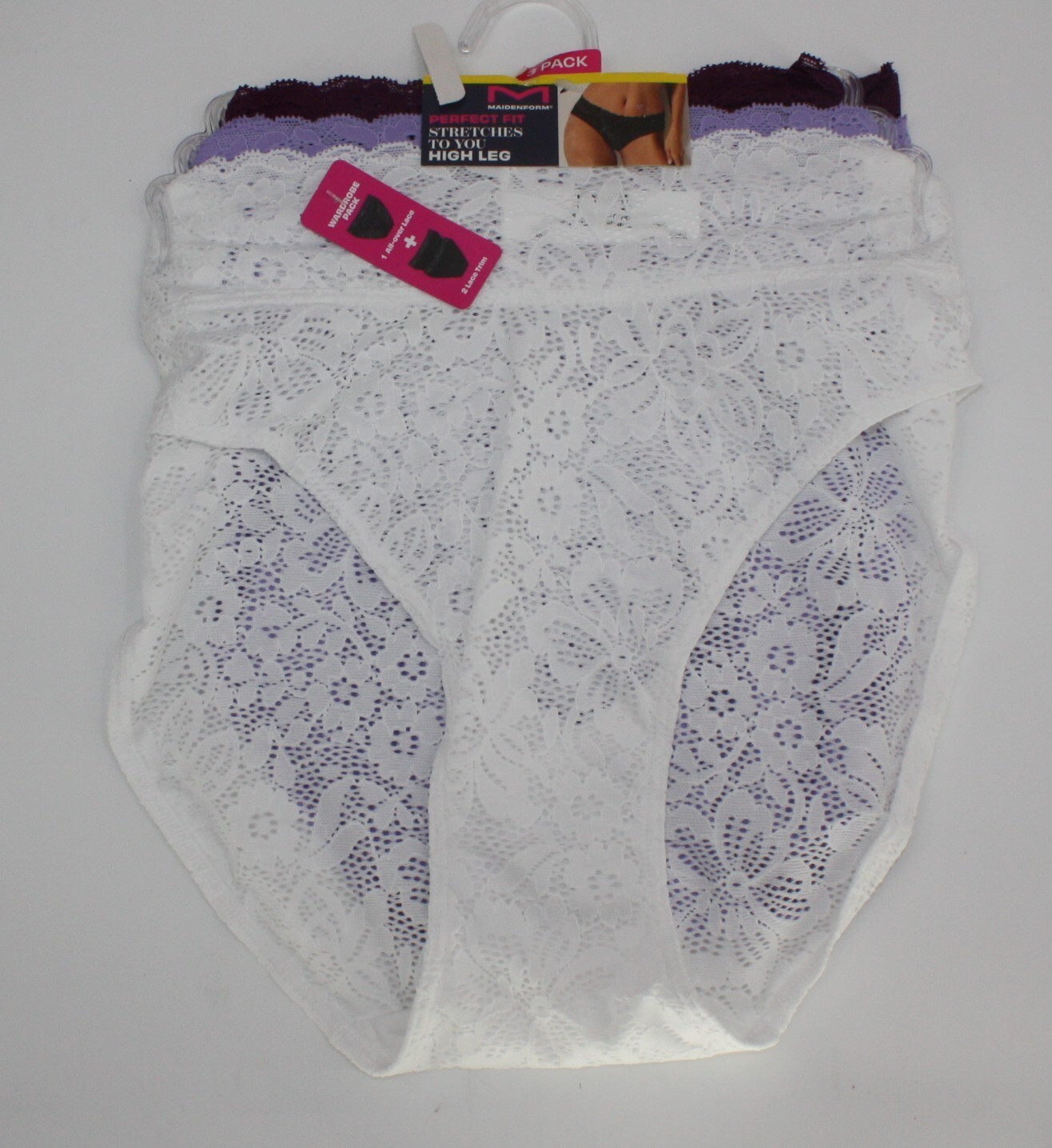NWT set of 3 MAIDENFORM perfect fit HIGH LEG panties LACE WHITE LILAC WINE