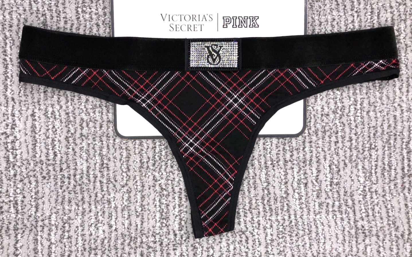 Victoria’s Secret NWT XL Black Plaid Shine Patch Thong Panty Logo Rhinestone