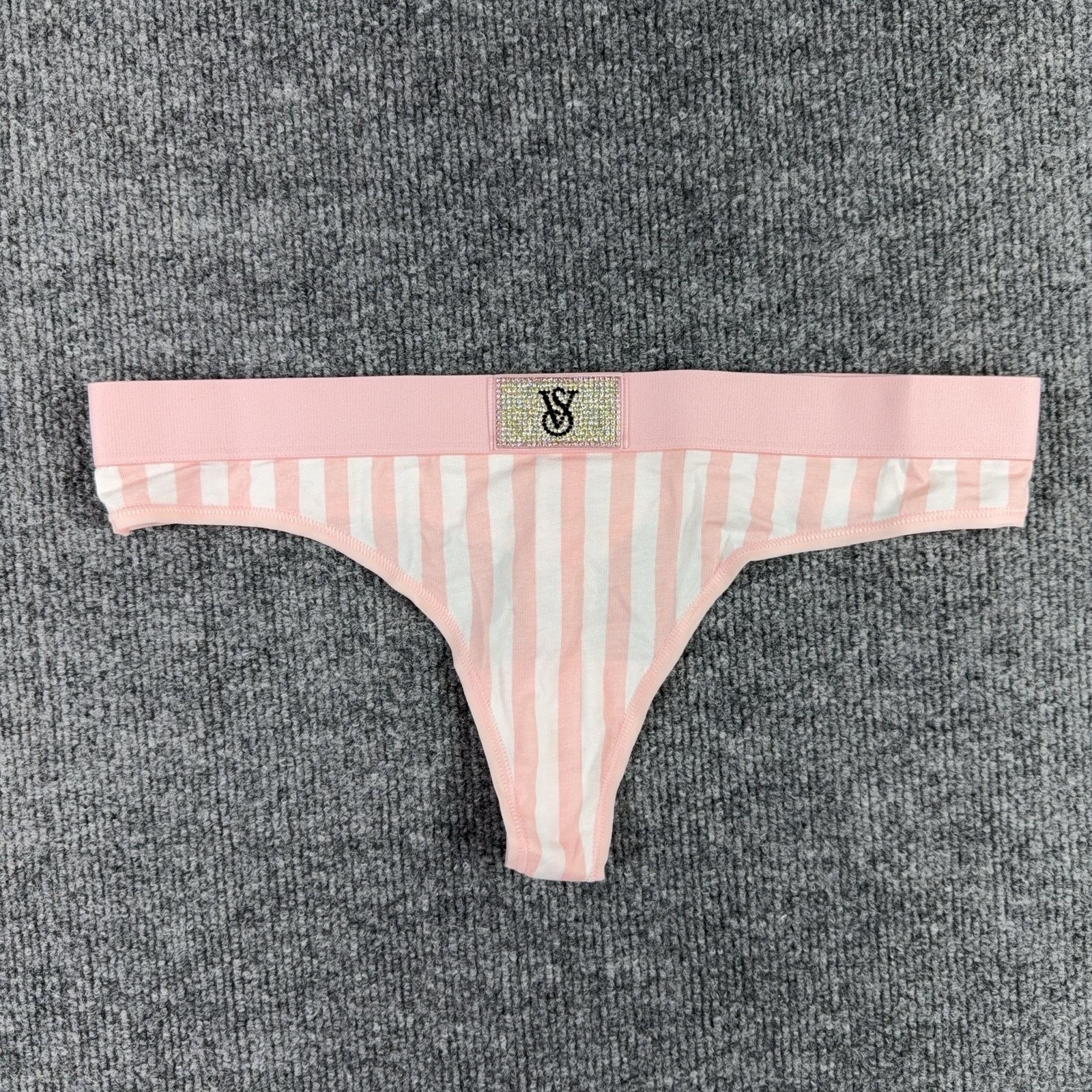 Victoria’s Secret Panties Womens Medium Pink Striped Rhinestone Thong String