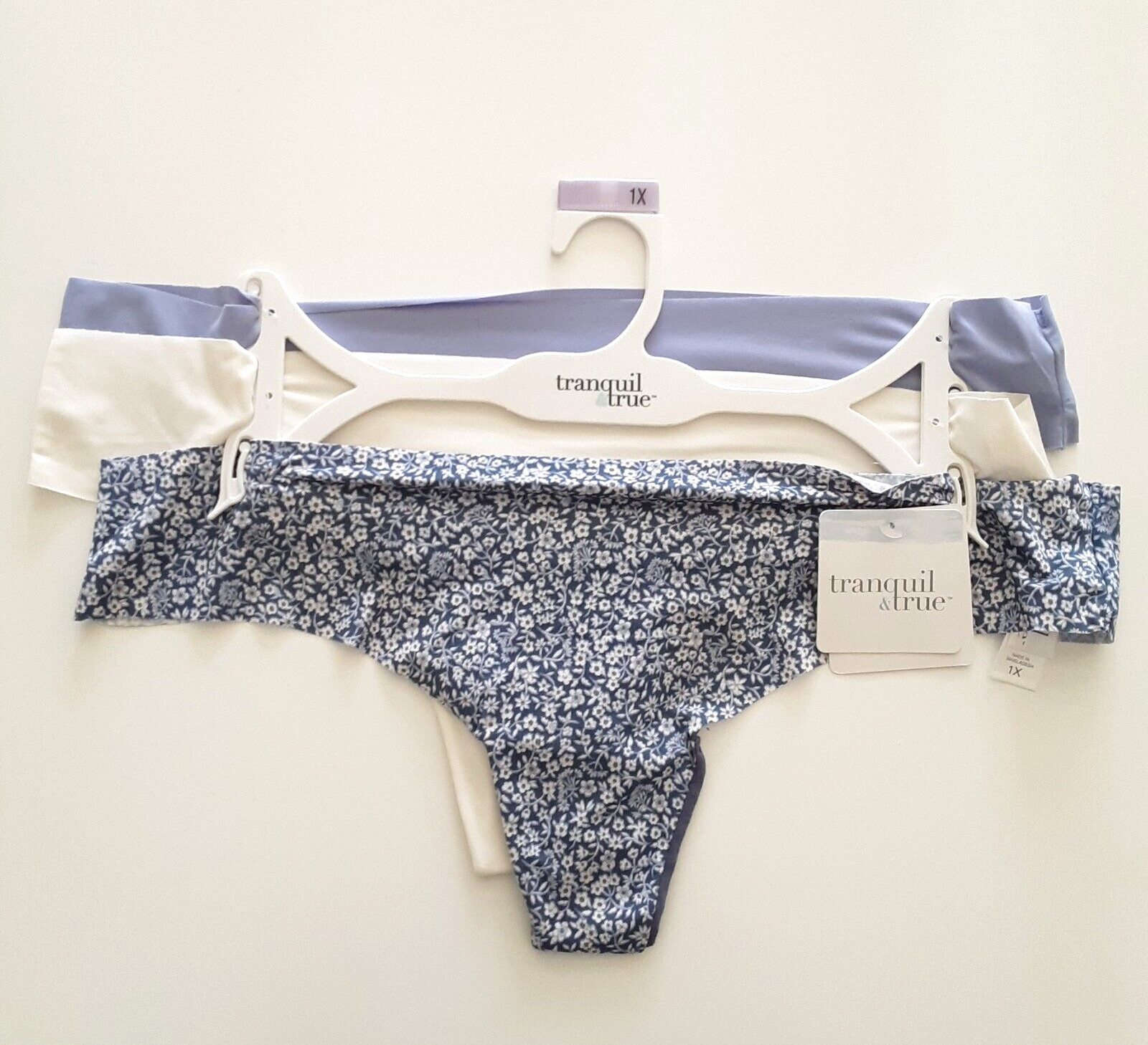 Tranquil & True Womens 1X Thongs Matte Microfiber Blue Floral Ivory Purple 3 PK