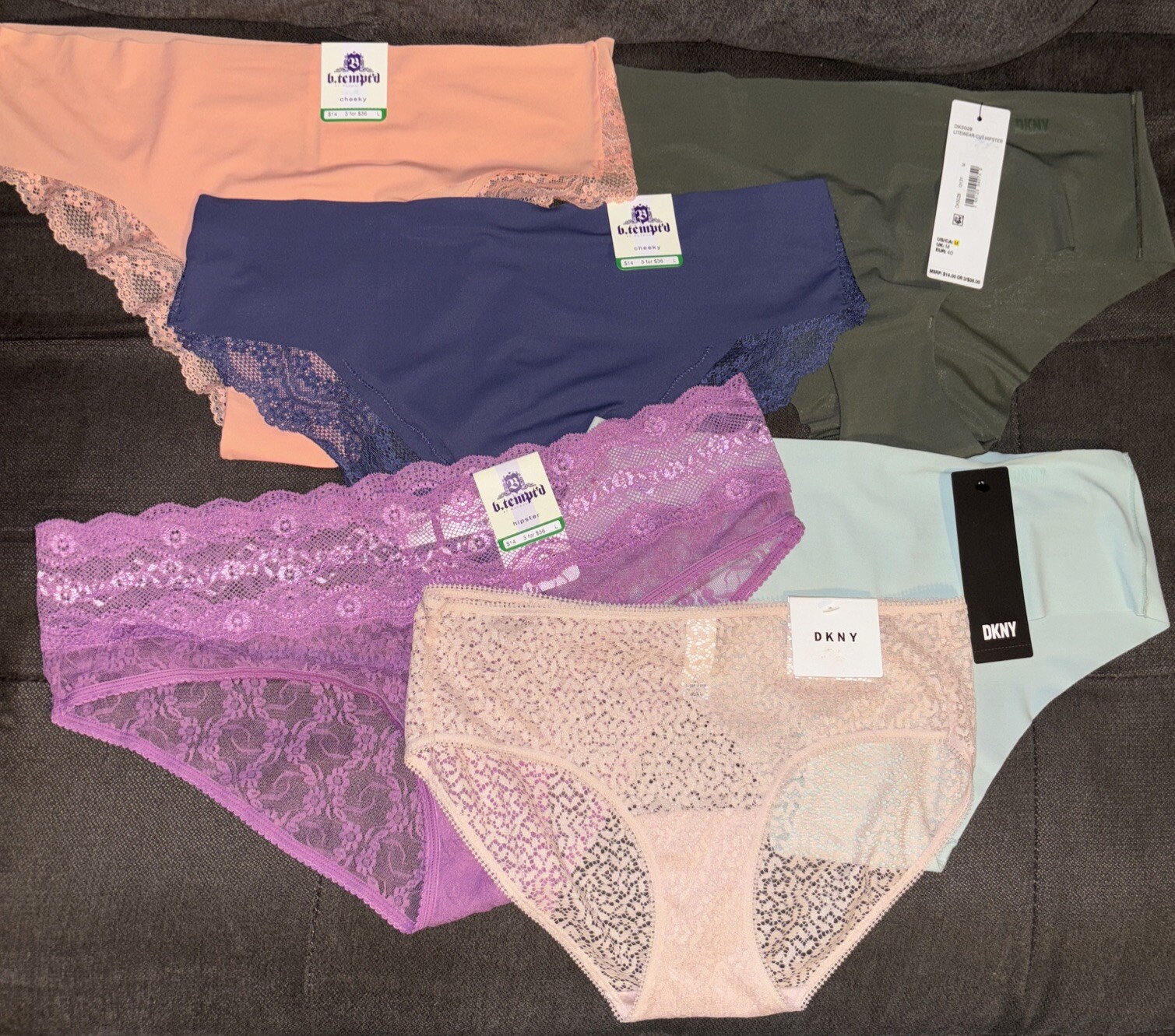 DKNY & b.’tempt’d Mixed Lot Of 6-Pairs Lace & Litewear Cheeky/Hipster Panties