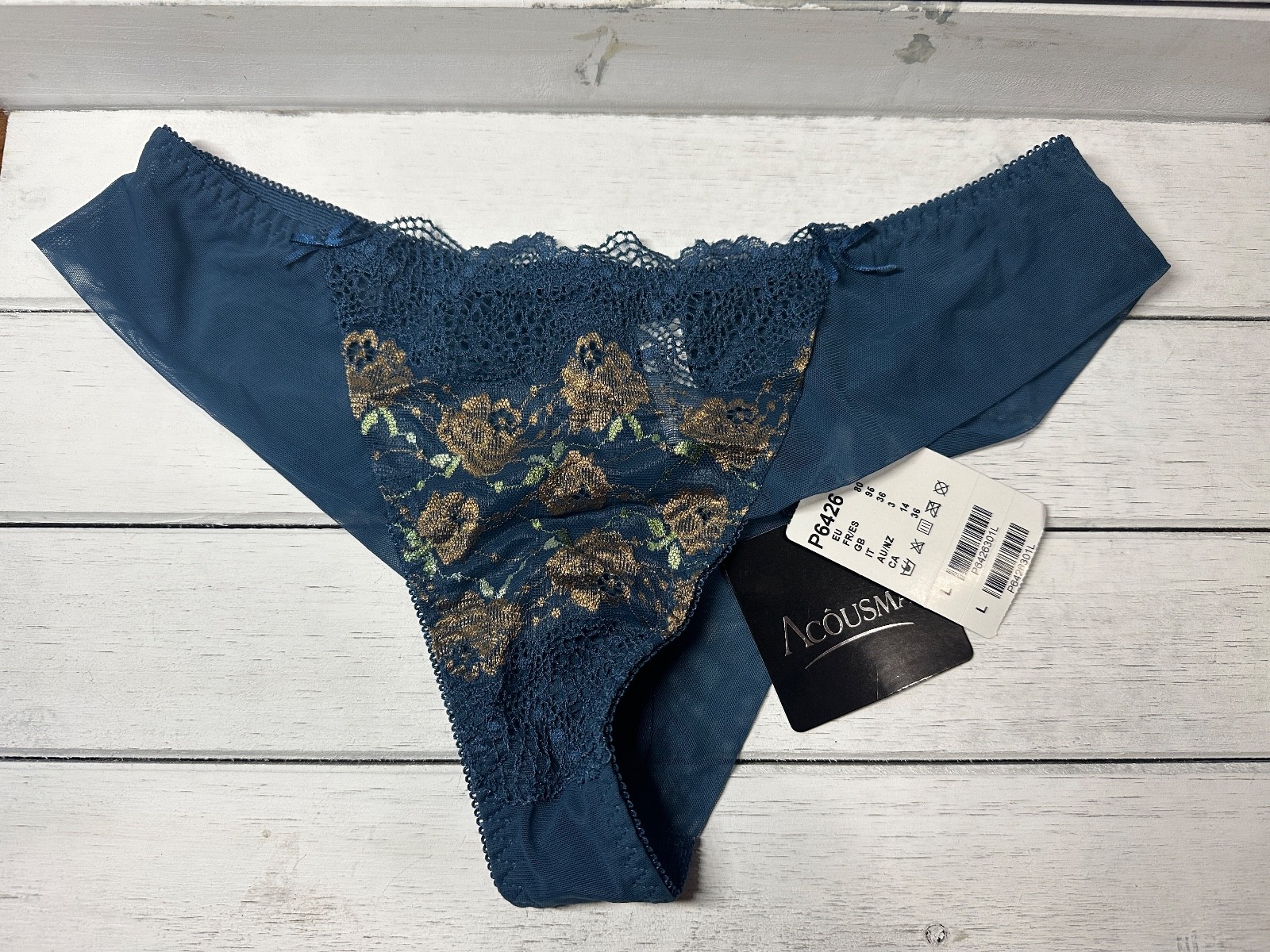 NWT Acousma European Women’s Sexy TANGA Cheeky Panty in Blue Sheer Lace • LARGE