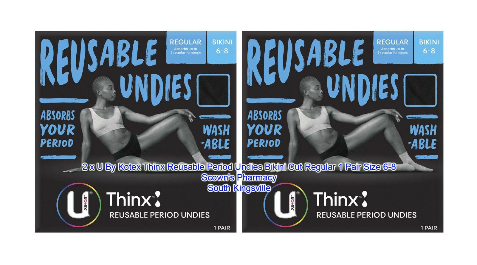 2 PairU By Kotex Thinx Reusable Period Undies Bikini Cut Regular Size 6-8