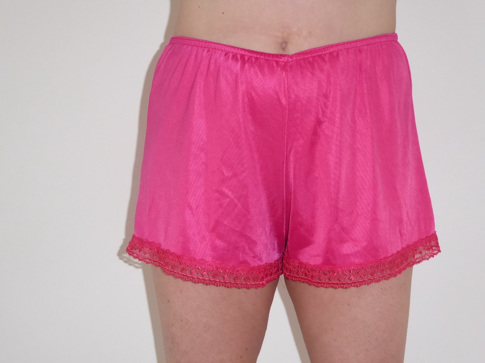 Cerise Satin French Knickers 10/12 in Simplex Nylon with Cerise Lace