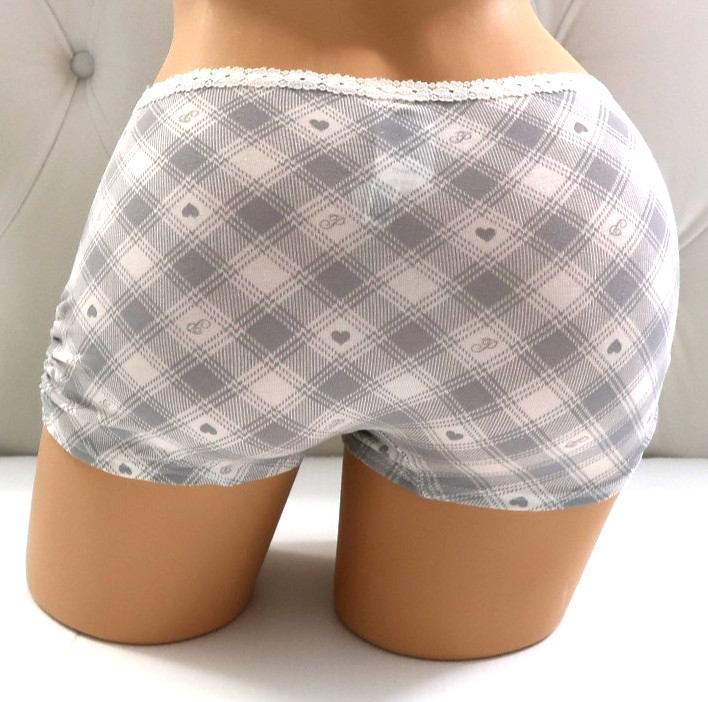 Victoria’s Secret Pink Cotton Dorm Boyshort Panty White Grey Plaid M NEW