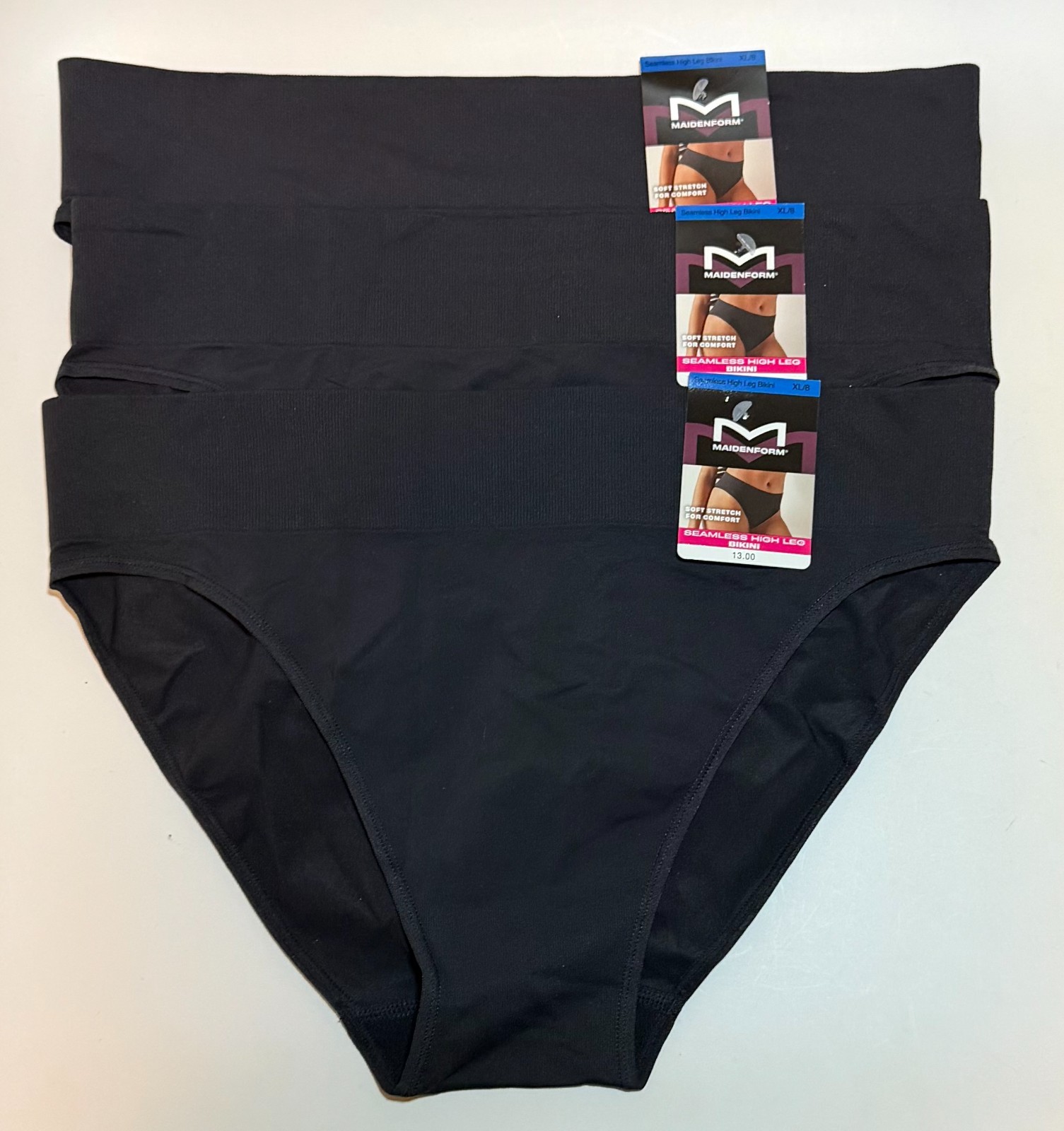 NWT 3 Maidenform Seamless High Leg Bikini Panties Soft Stretch Black 8/XL