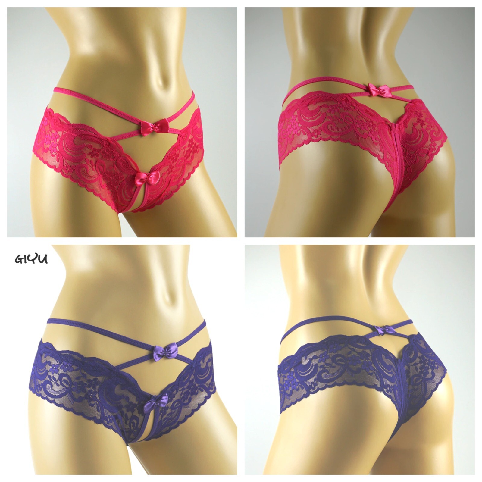 Sensual Lace Panties With Bows Lingerie Brief Crotchless Thong Underwear-XXS