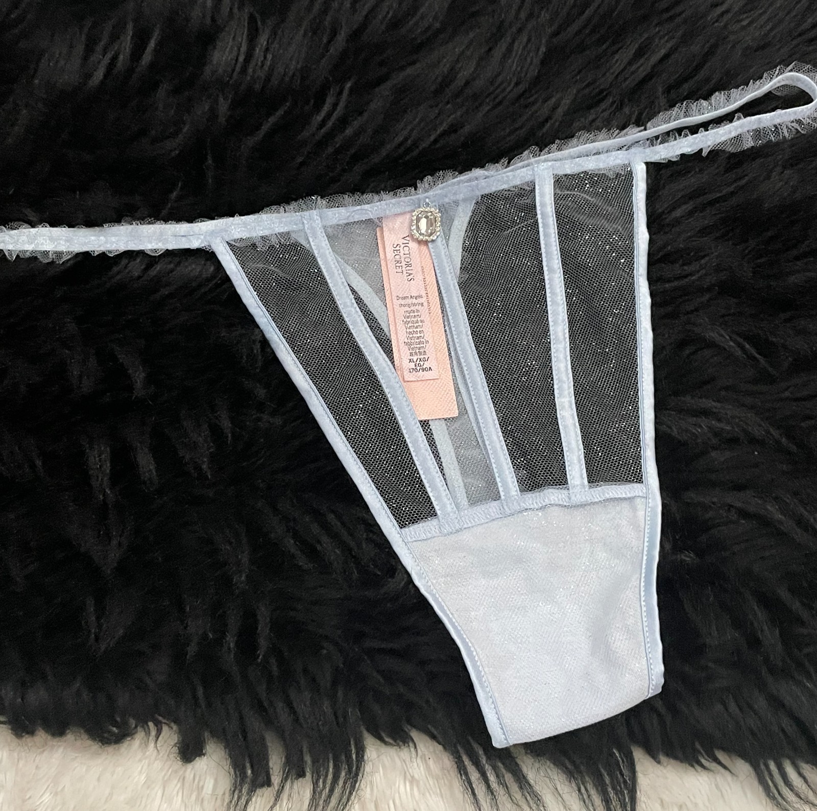 XL VICTORIA’S SECRET Dream Angels CAMEO Blue Glitter Tulle Sheer THONG Panty