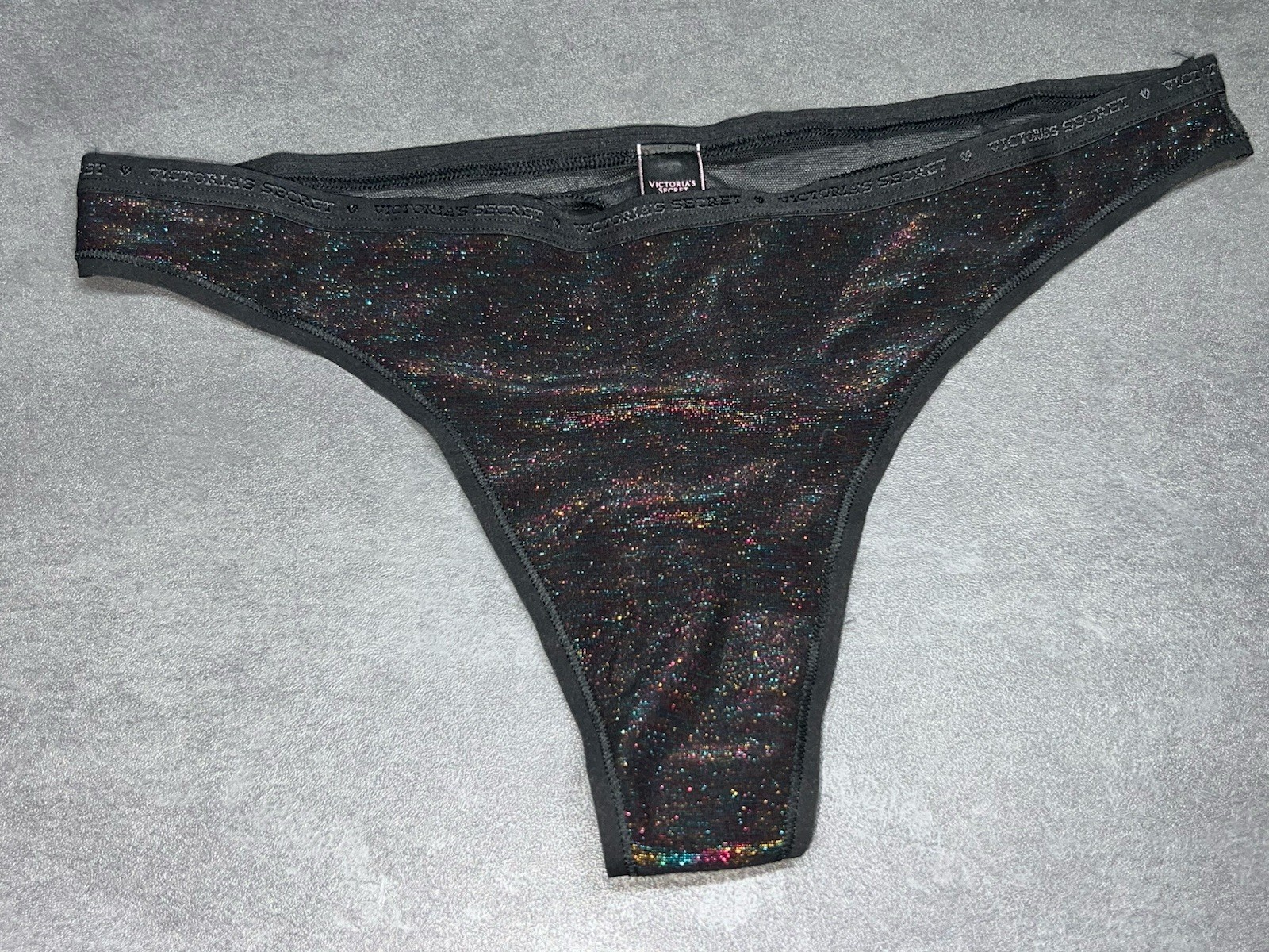 VICTORIAS SECRET COTTON SIGNATURE LOGO TRIM THONG PANTY BLACK STARDUST GLITTER