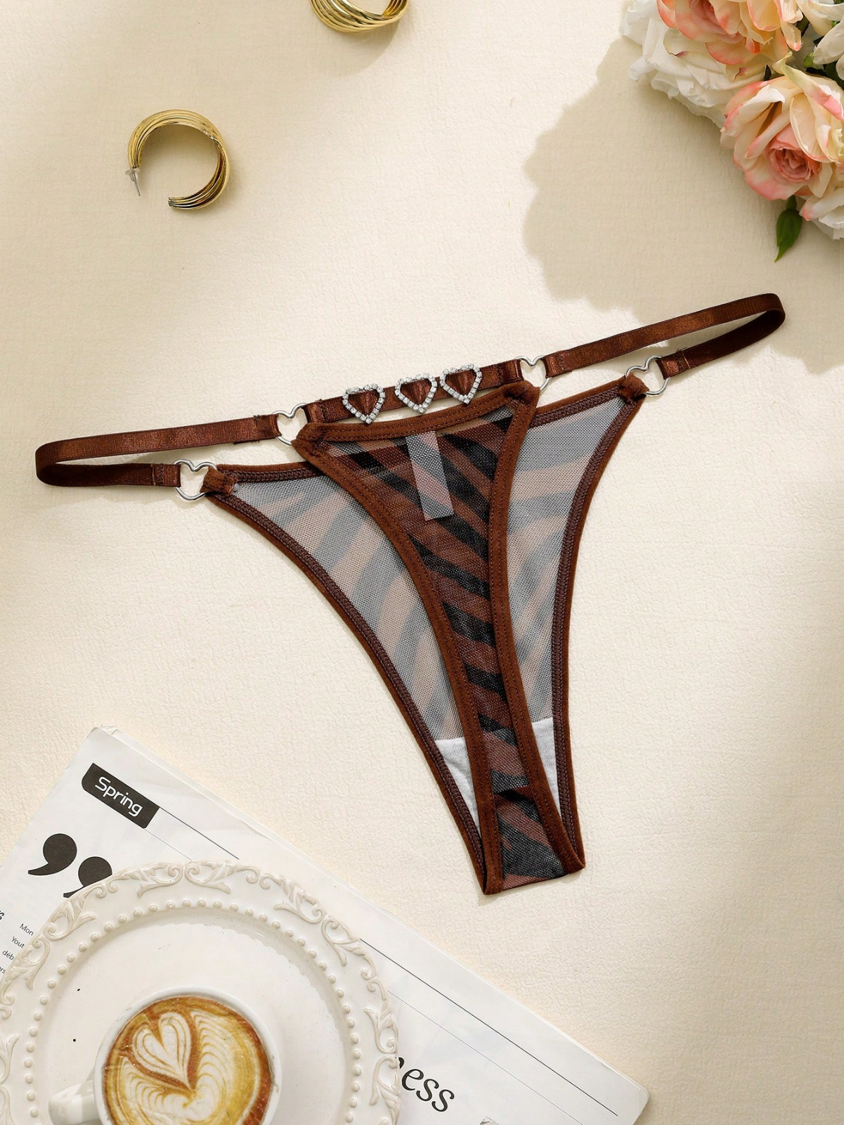 Women’s Brown Zebra Rhinestones Kawaii Cute Sexy G-String Thong Panty