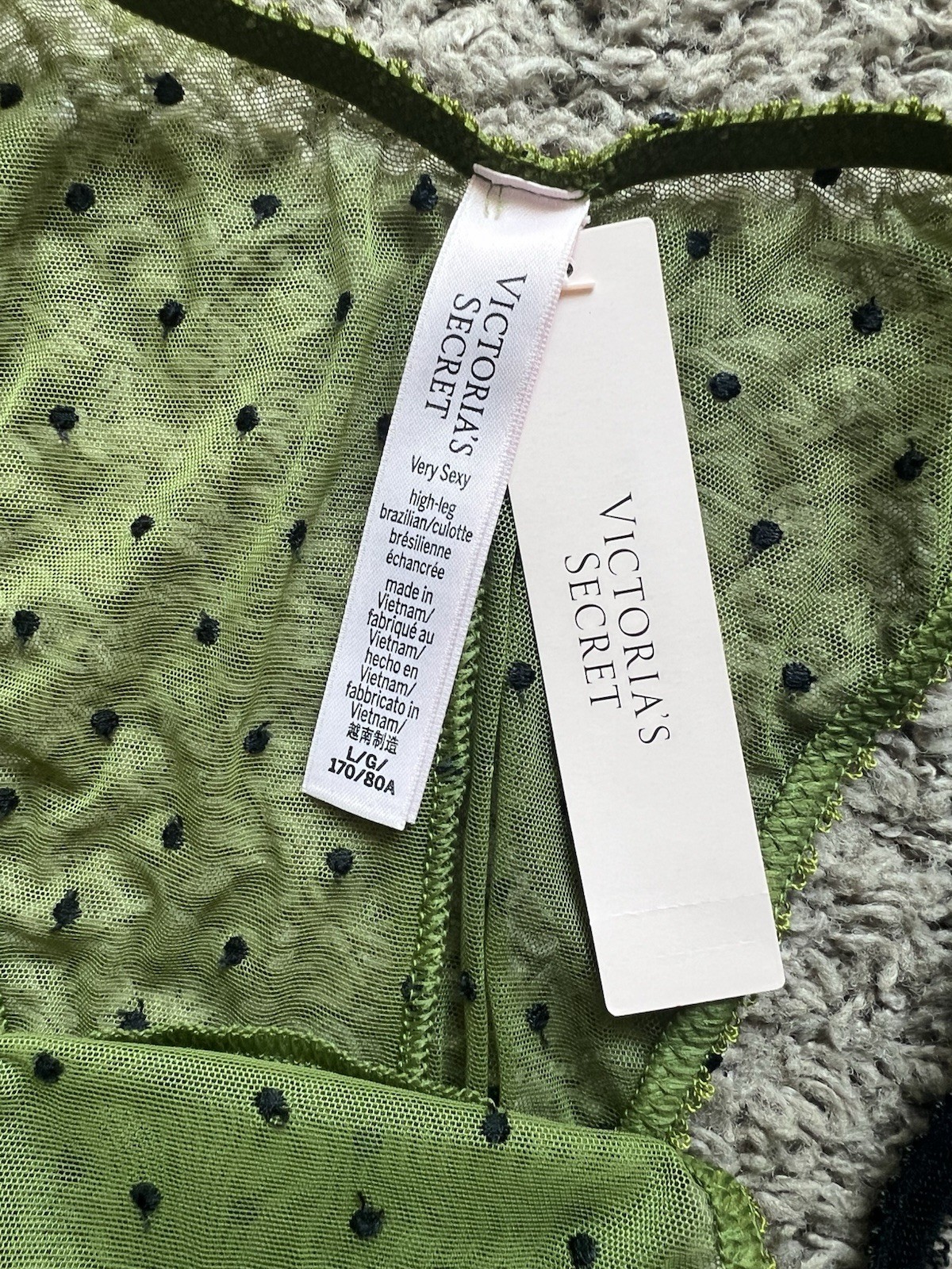 NWT VICTORIA’S SECRET GREEN BLACK POLKA DOT HIGH LEG BRAZILIAN CHEEKY PANTY L