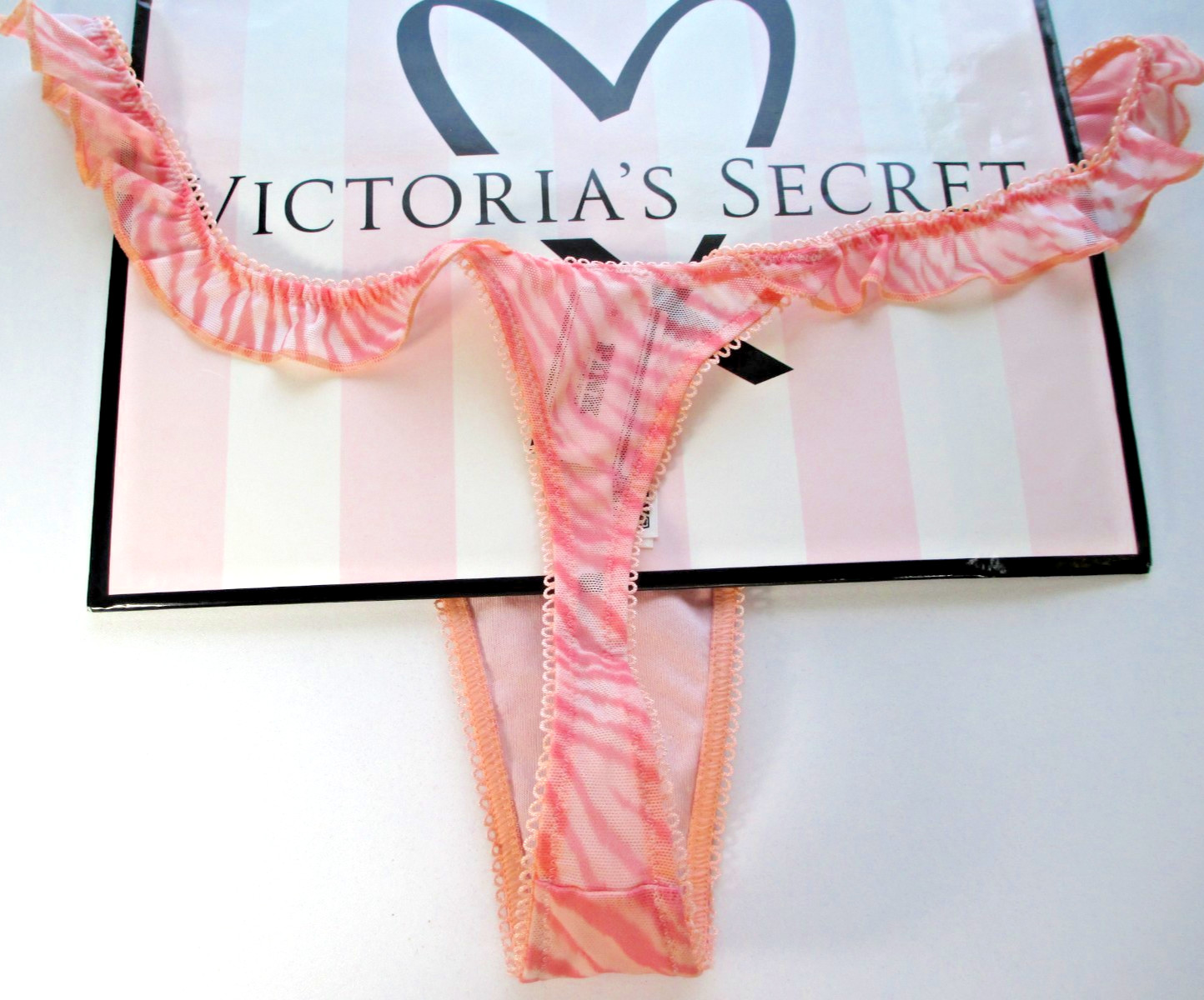 VICTORIA’S SECRET PINK Thong Panty S M L XL Orange Zebra NWT Flutter VS Ruffle