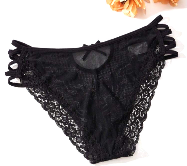 Women’s Kawaii Lolita Mesh Lace Mid-Rise Sexy Cross Strap Bow Brief Panty Large