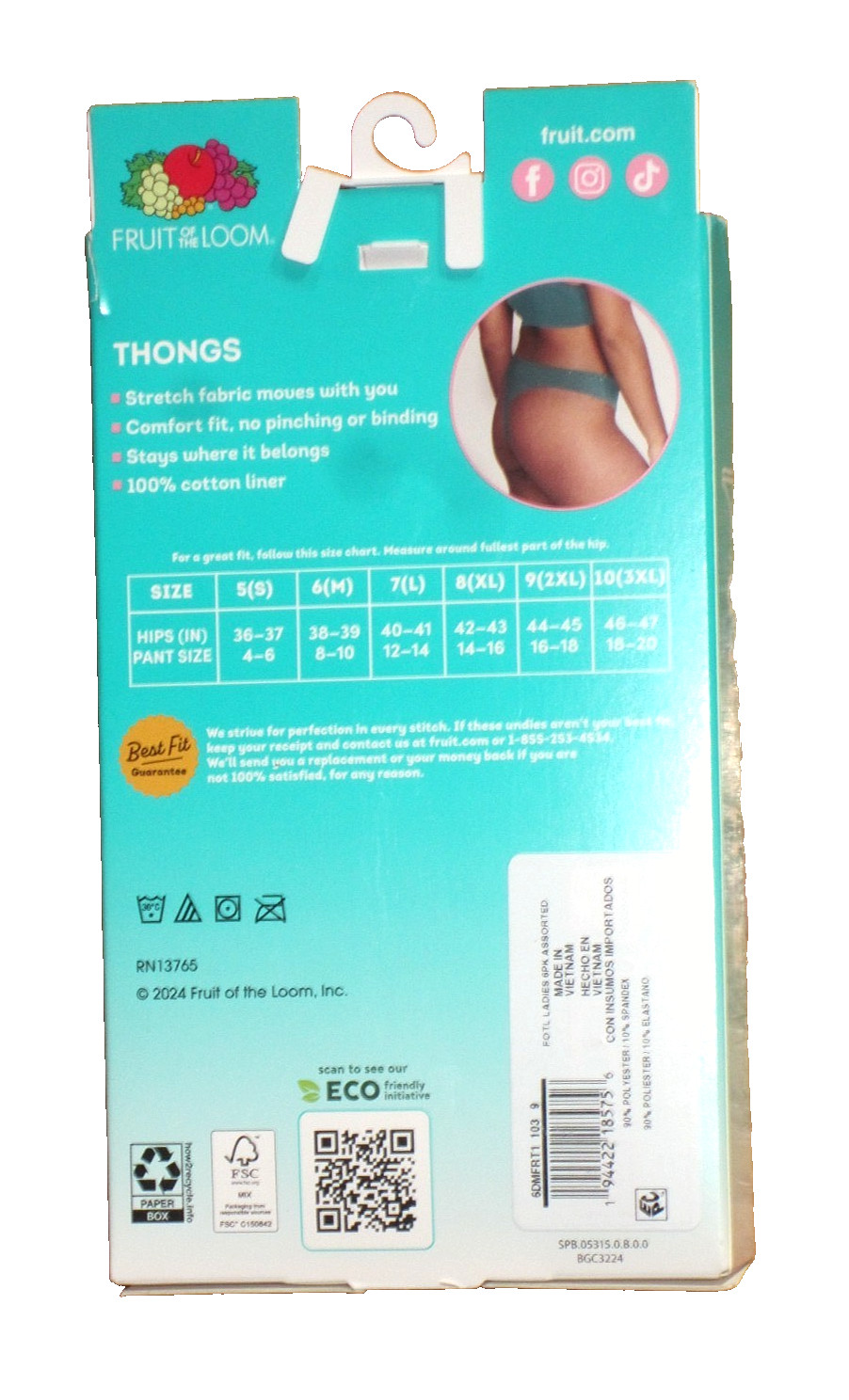 NWT 6 Pack Fruit of the Loom Ribbed Stretch Thongs 100% Cotton Liner Size 9/2XL