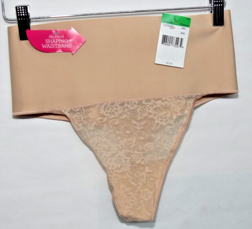 NWT Maidenform Tame Tummy Smoothing Waist Lace Thong Shapewear L Beige DM0049