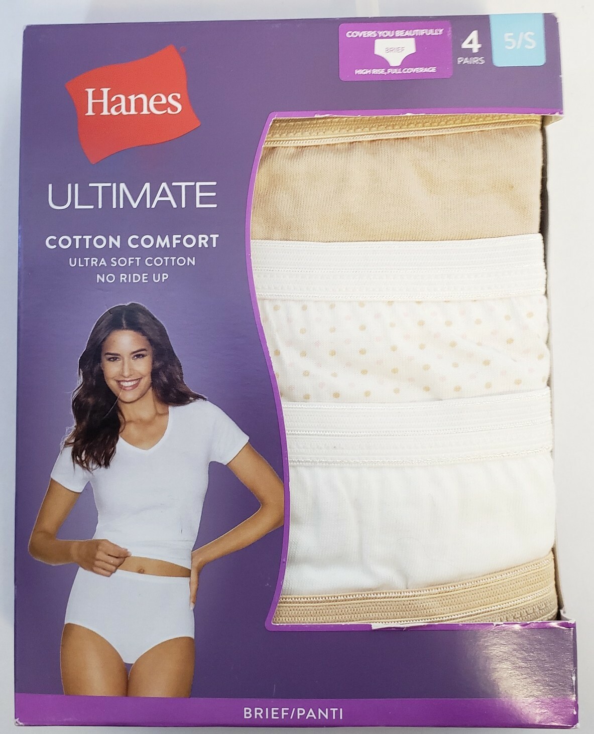 Hanes Ultimate Womens HI-RISE 4-Pack Cotton Comfort TAGLESS 5/S Multicolor- 4H5