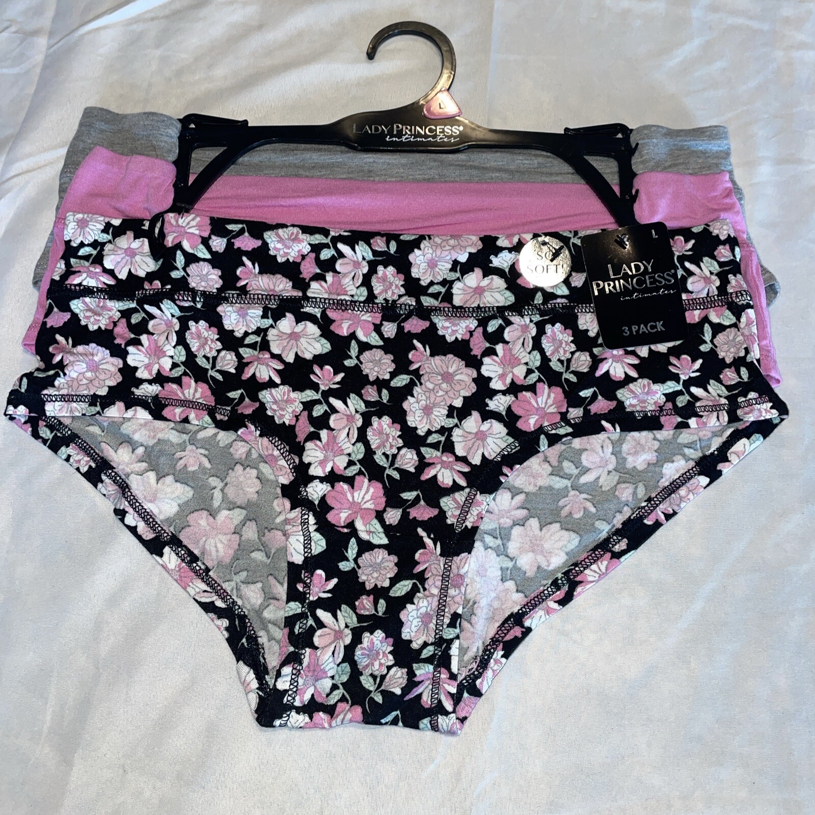Lady Princess Intimates Women’s Size Large 3 Pack Panties Floral Purple Grey NWT