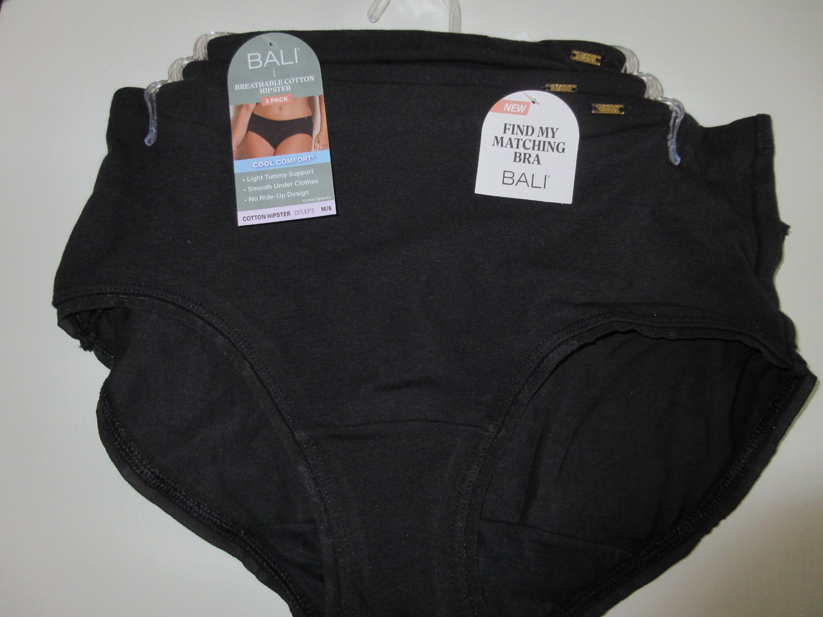 BALI 3-Pair Womens HIPSTER Underwear Panties BLACK Cotton Blend no ride up ~ M/6
