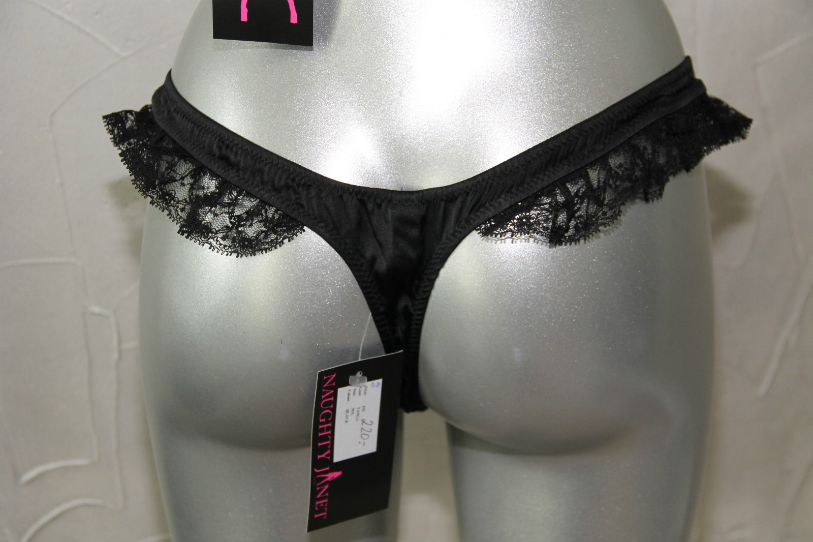 Lace String Tanga Black Silk NAUGHTY JANET Size 40 To 44 New Tag Val 220€