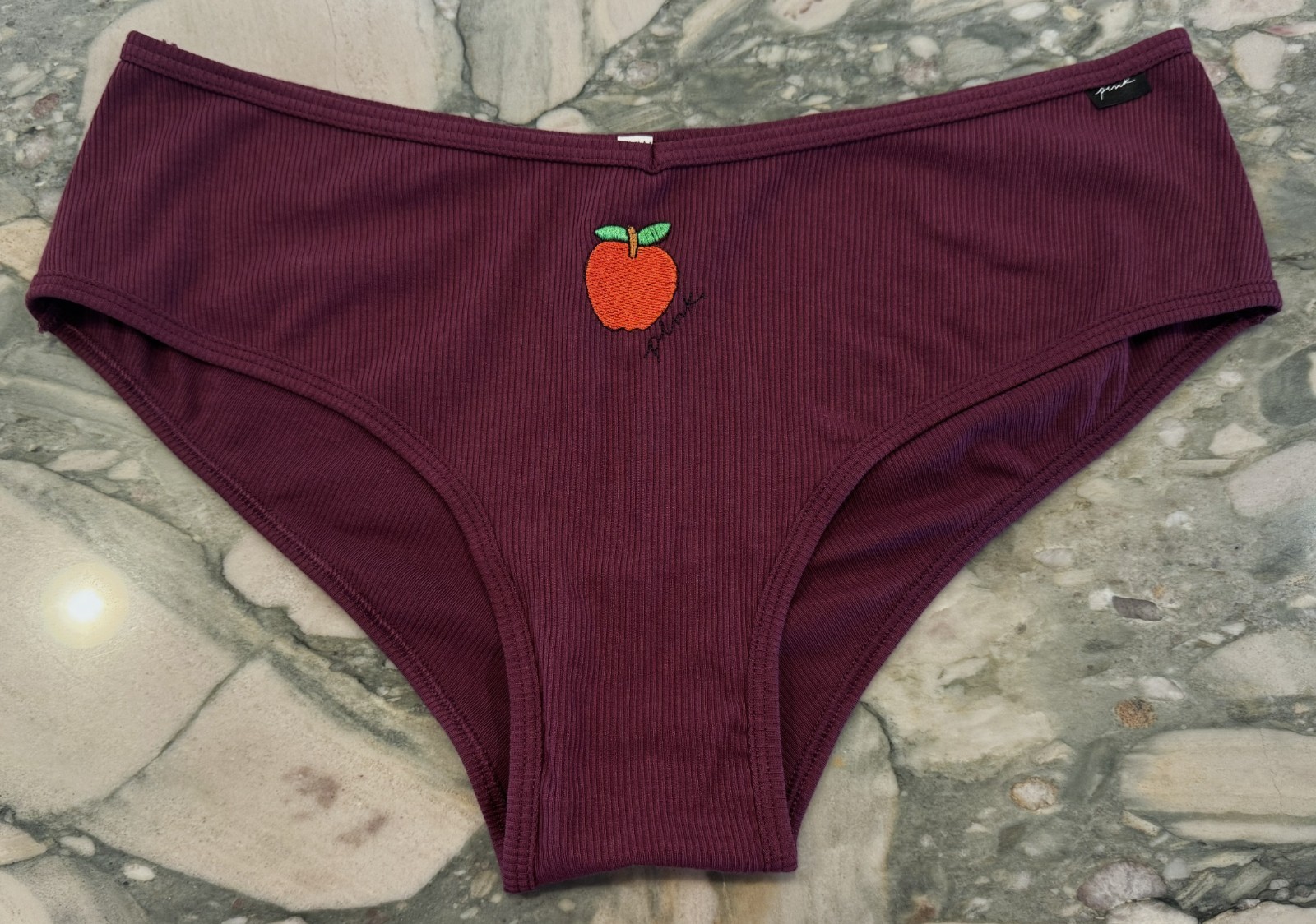 NEW Victoria Secret PINK Rib Cotton Cheeky Rich Maroon with Apple Embroidery XXL