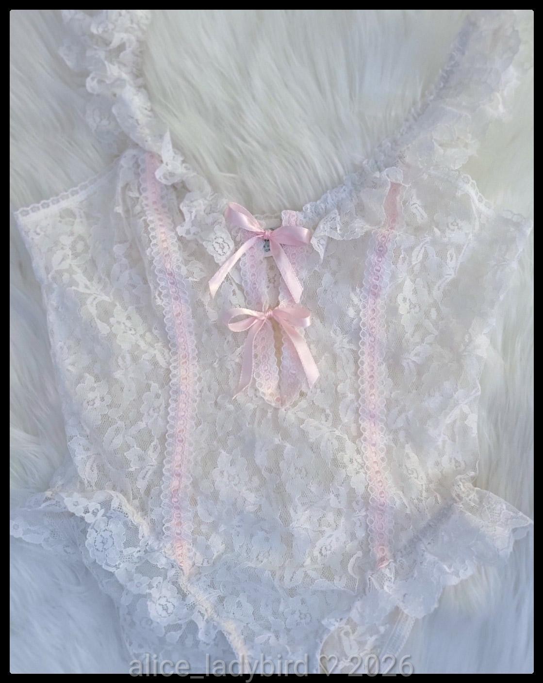 Vintage CHANTILLY Slip TEDDY Bodysuit PANTY Babydoll ROMPER Bow Lace Vest Top xs