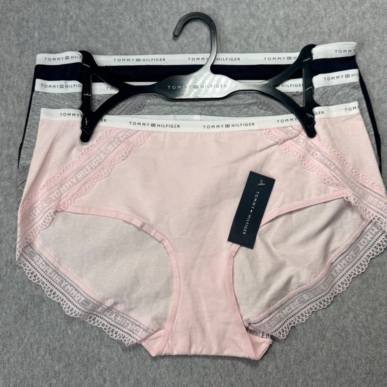 Tommy Hilfiger Cotton Lace Hipster Briefs 3 Pack Womens Large Pink Gray Navy New