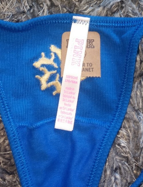 NeW Vs pink cotton ribbed V-string Panty small blue embroidered snowflake logo