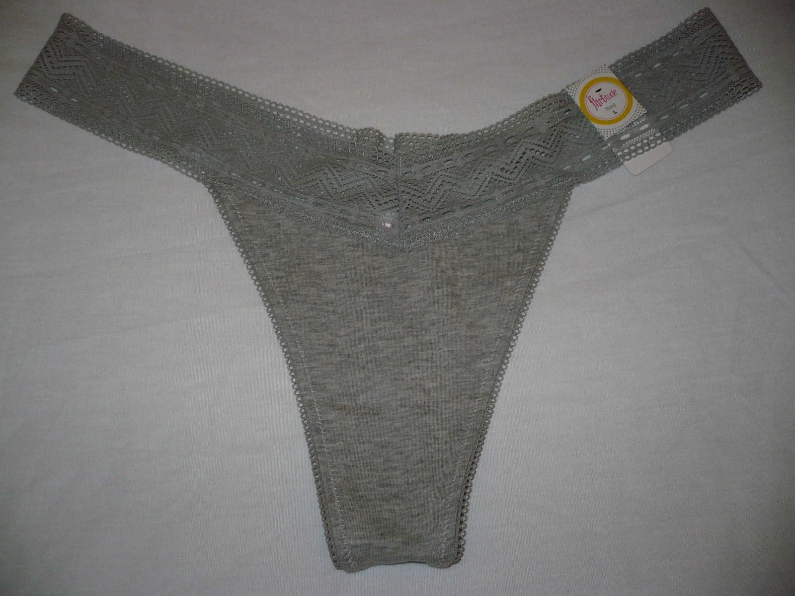 Flirtitude Women’s Thong Panties Size Medium Gray Cotton & Waistband Lace