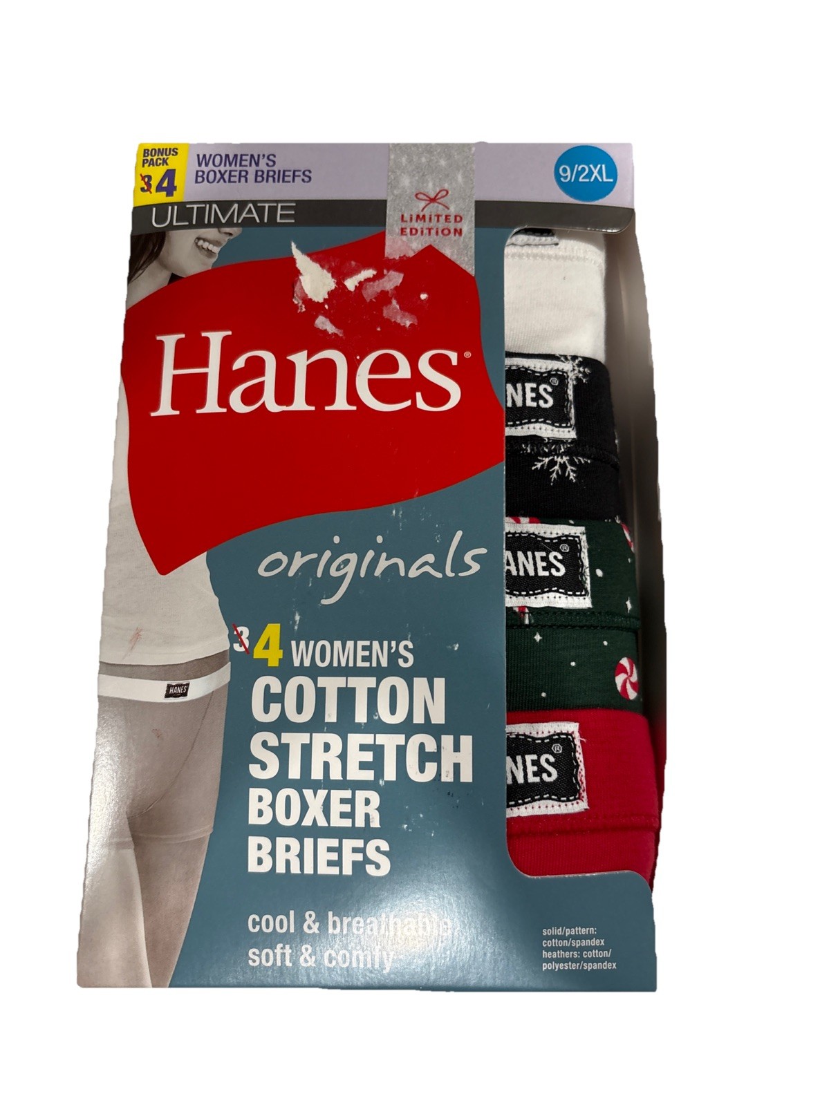 Hanes Boxer Brief Panties Womens 9/2XL Cotton Stretch 4 Pack Christmas U045V4