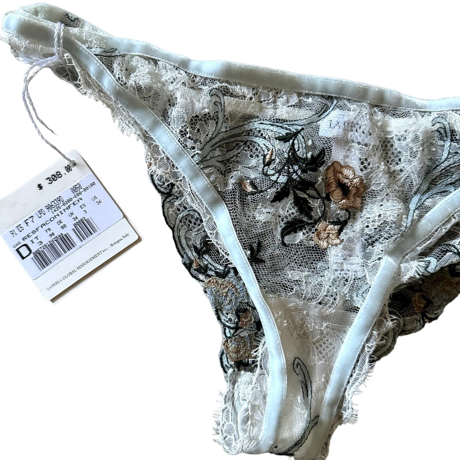 La Perla White Lace Blue Gold Floral Cheeky Panty Medium MSRP 308