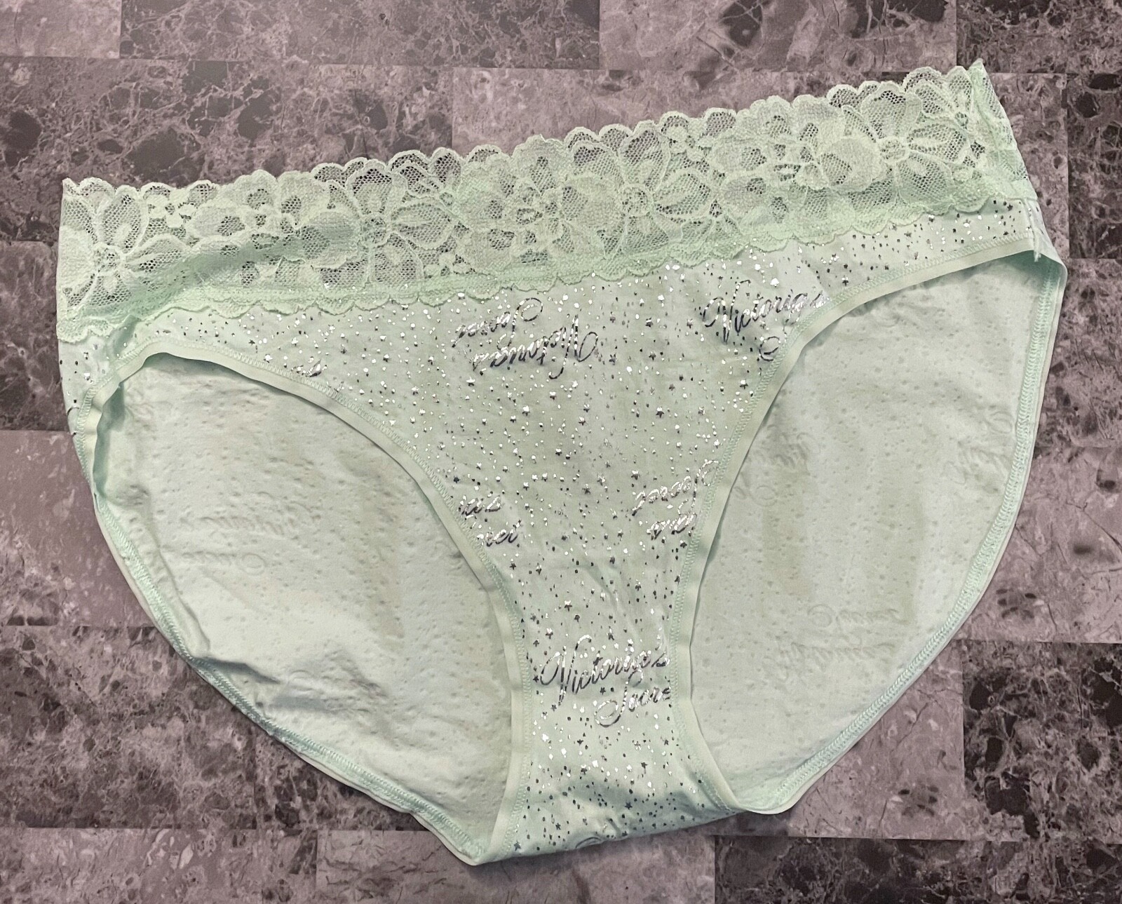 NWOT VICTORIA’S SECRET XL GREEN SILVER STAR LOGO LACE HIGH LEG BRIEF PANTIES