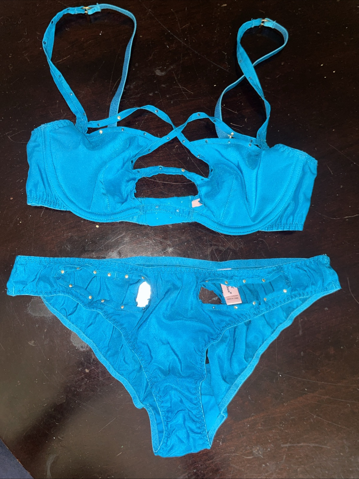 2PC SET Agent Provocateur LIZA PANTY Brief & BRA Turquoise WOMANS Sz S/2 Studded