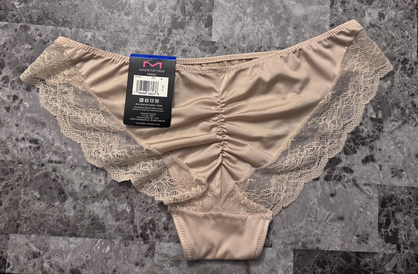 NWT MAIDENFORM L BEIGE NUDE SATIN SMOOTH FLORAL LACE RUCHED TANGA CHEEKY PANTIES