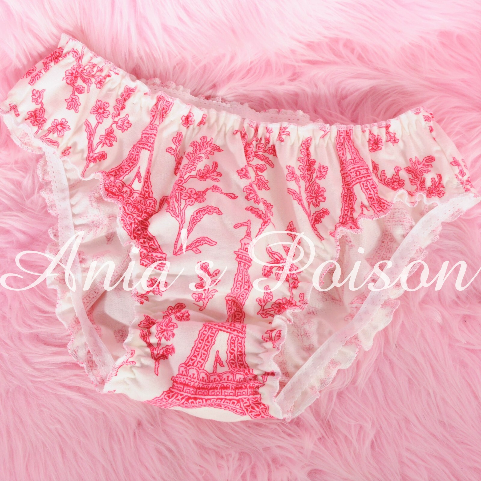 Sissy ruffled cotton soft Paris print ladies Pink Ivory Bikini sleep Panties S/M