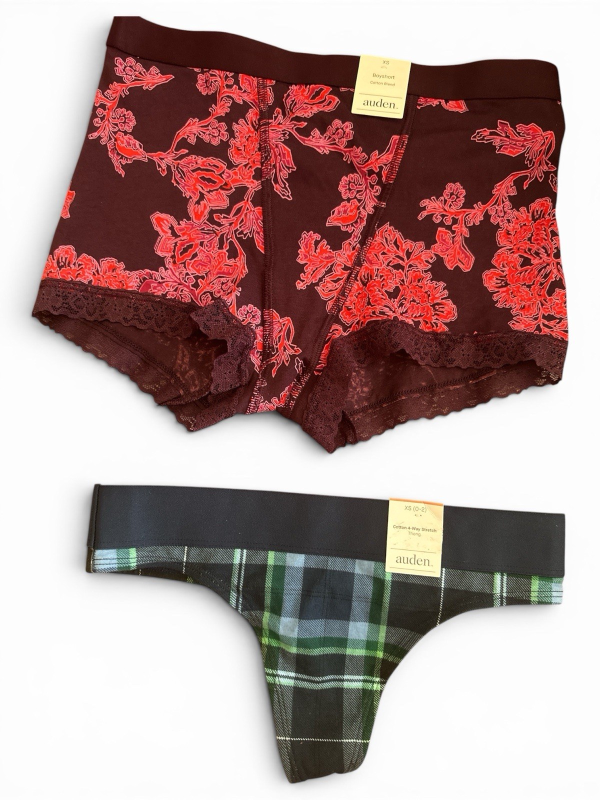 NWT Auden Floral Lace-Trim Boyshort & Auden Plaid 4-Way Stretch Thong Multi XS