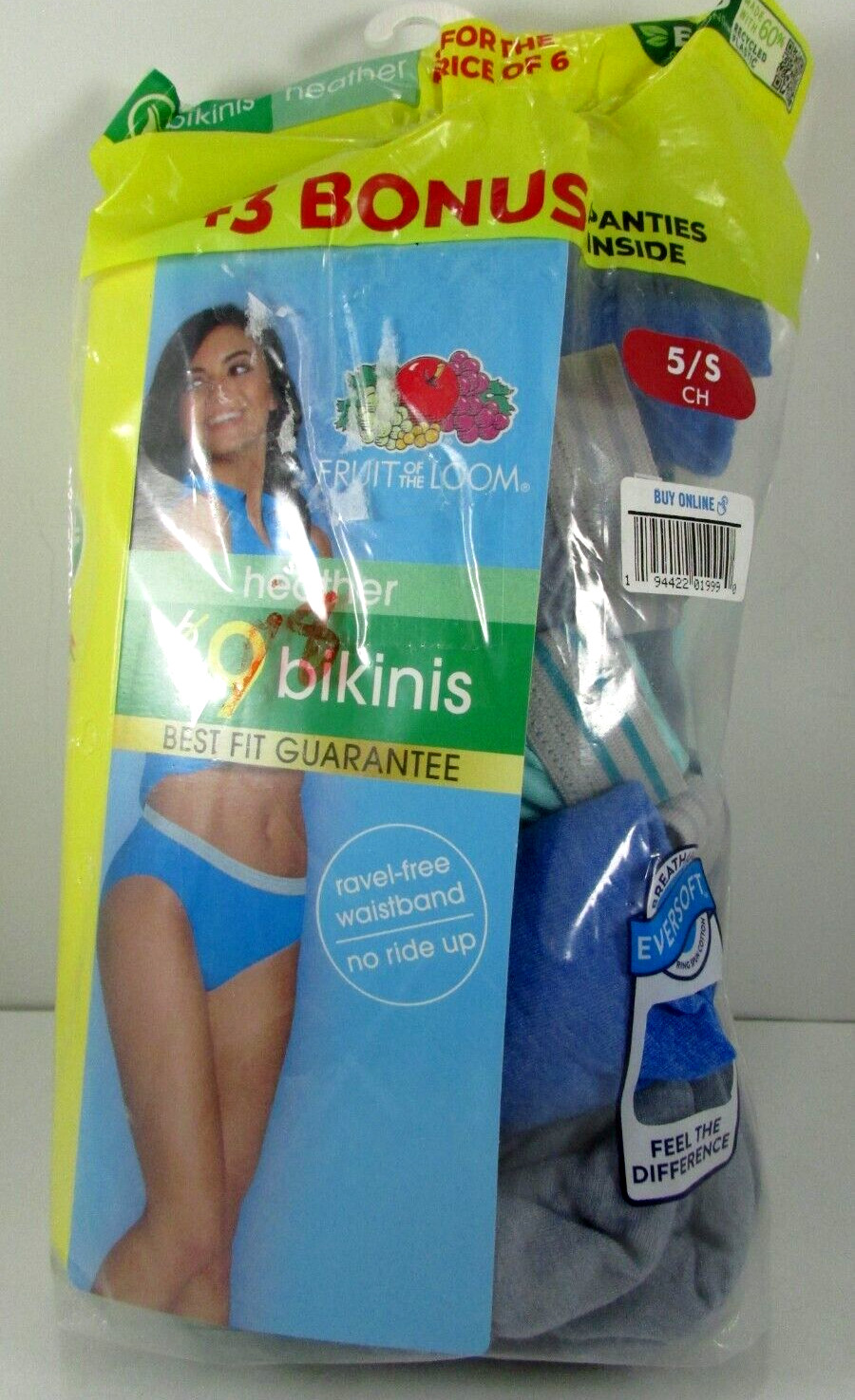 NEW FRUIT OF THE LOOM WOMEN’S HEATHER Eversoft No Ride Up BIKINIS 8 PACK SZ 5/S