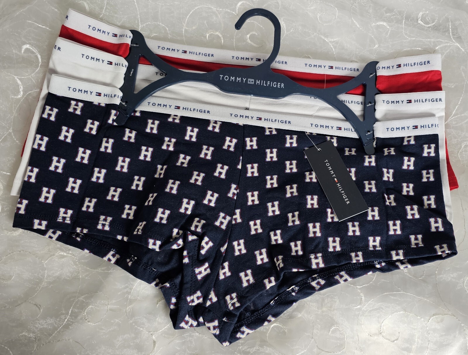 Tommy Hilfiger 3 Pack BoyShorts L Solid Red, White & Navy w/Logo Cotton Stretch