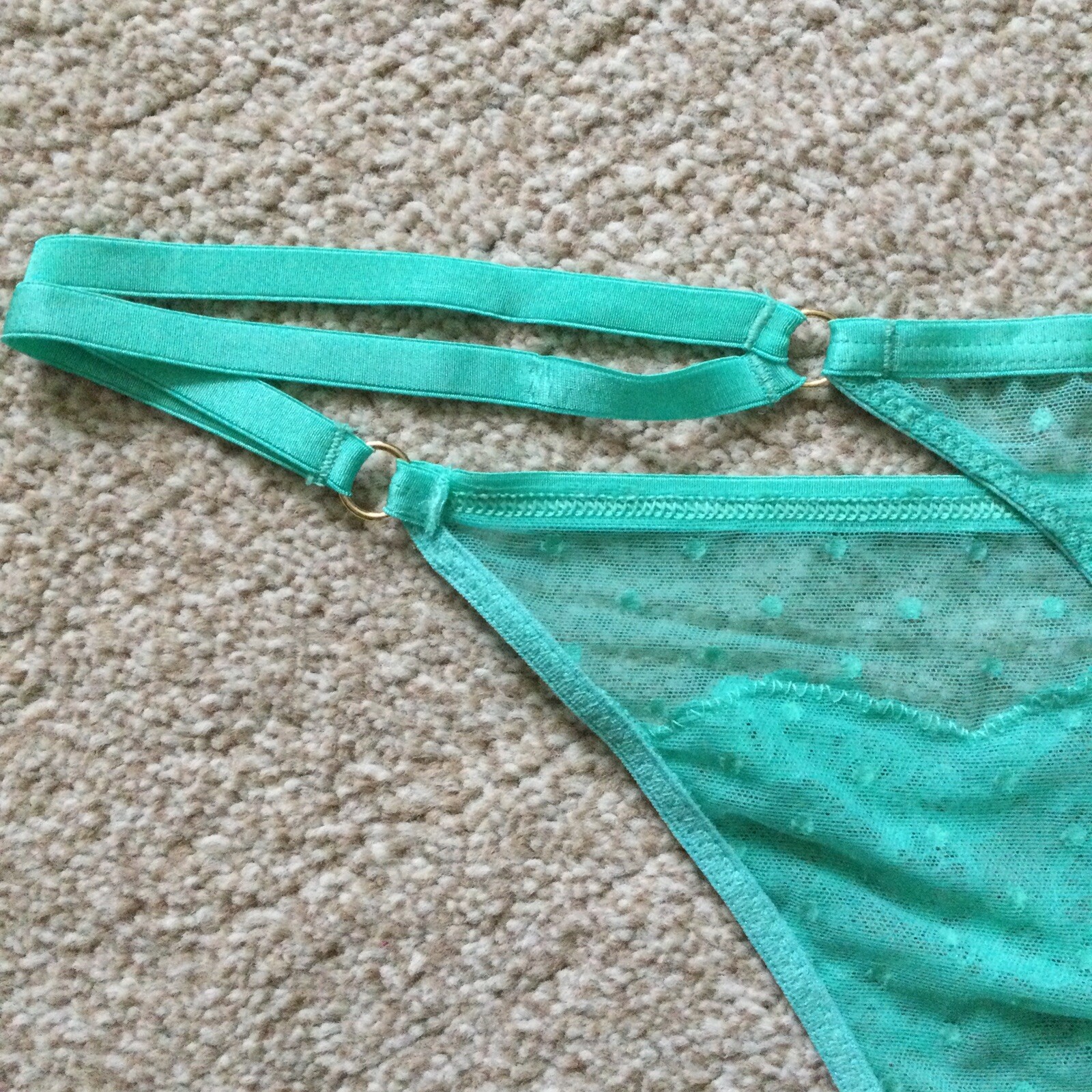 M&S Size 14 Ladies Lace Mesh Thong Knickers Light Jade Green Gold Ring Detail