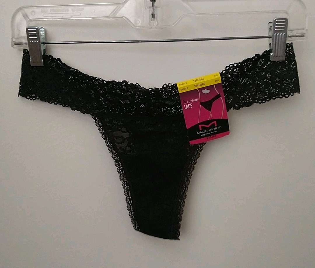 MAIDENFORM BLACK FLORAL LACE THONG PANTY, SIZE M/6