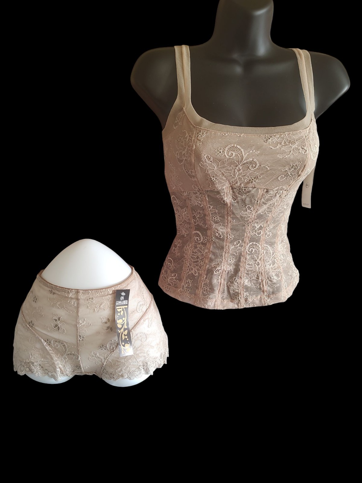 NWT VTG OnGossamer Beige Lace Fitted Camisole & Boy Short Panty Set Size L
