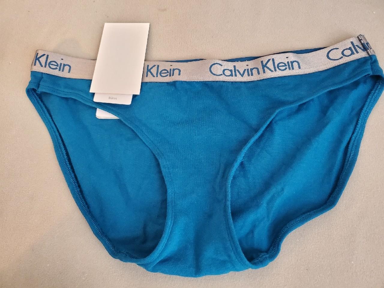 NWT CALVIN KLEIN COTTON BIKINI PANTIES QD3540 419 LOGO WAISTBAND TEAL BLUE S