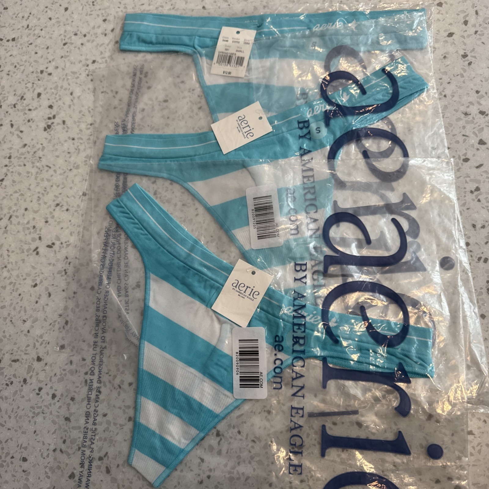 Sexy Women’s Rare Aerie Low-Rise Teal & White Striped Ribbed Thong – Small