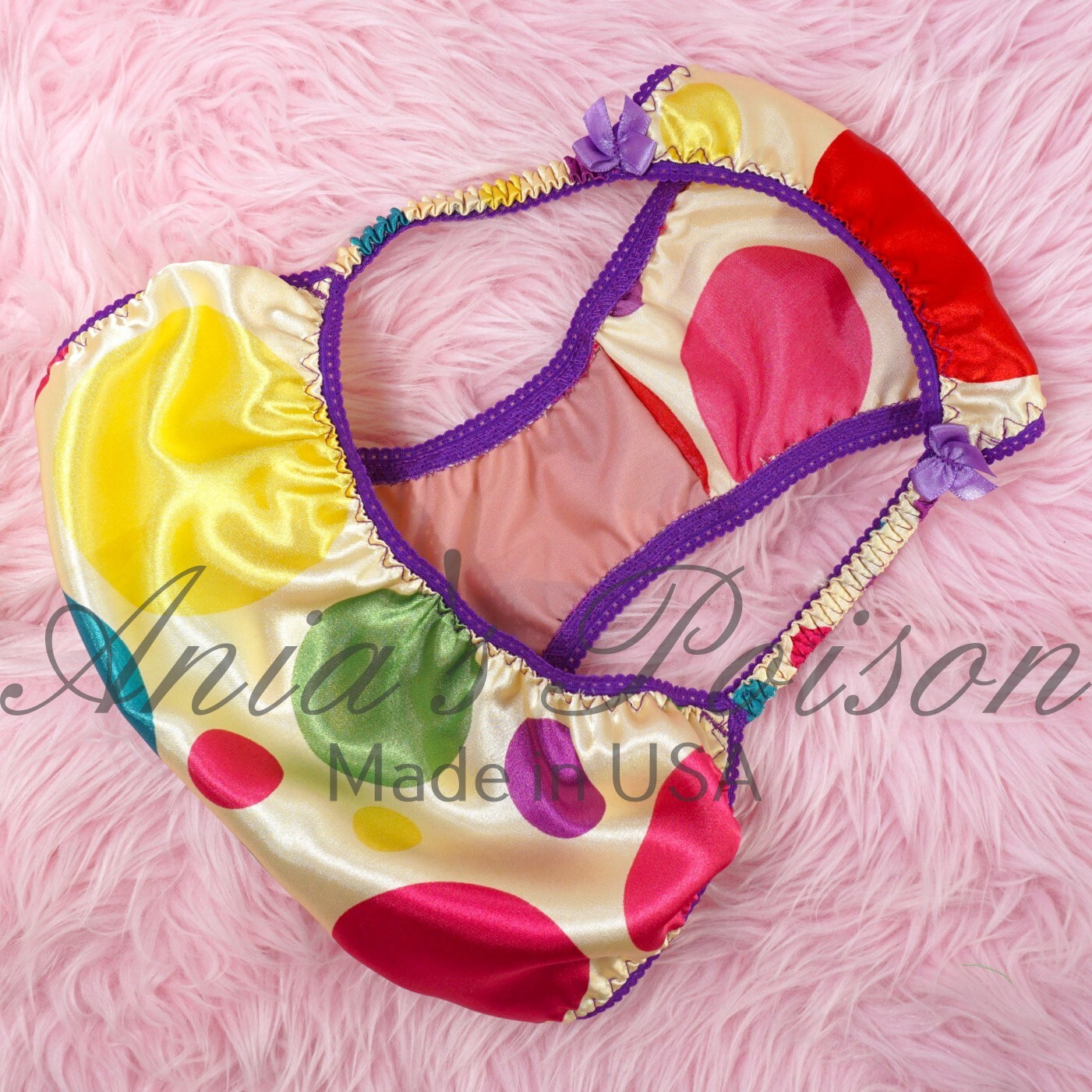 Rainbow Polka Dot Satin Panties Sissy DUCHESS CUT shiny ladies string bikini 5-9