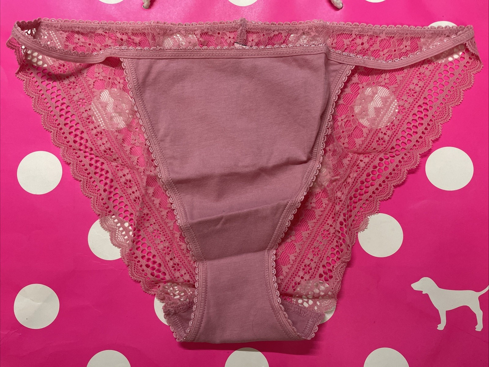2017 Victoria Secret Sheer Lace Back String Bikini L Panties Mauve Cotton Front