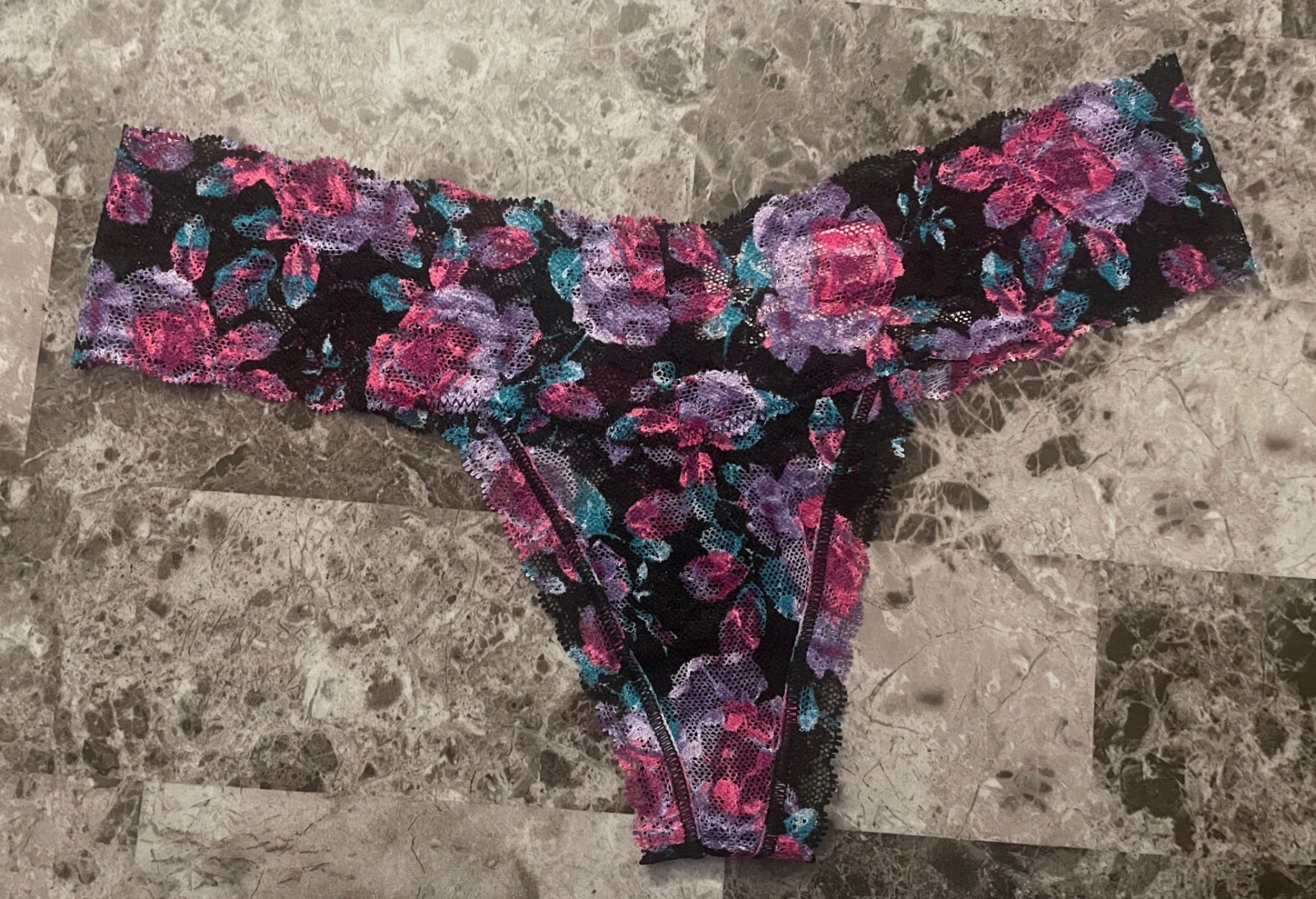 NWT VICTORIA’S SECRET TEAL PURPLE PINK ROSE FLORAL LACE LACIE THONG PANTIES